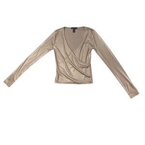 Forever 21 Metallic Wrap Long Sleeve Top Gold Shimmer Glam Party